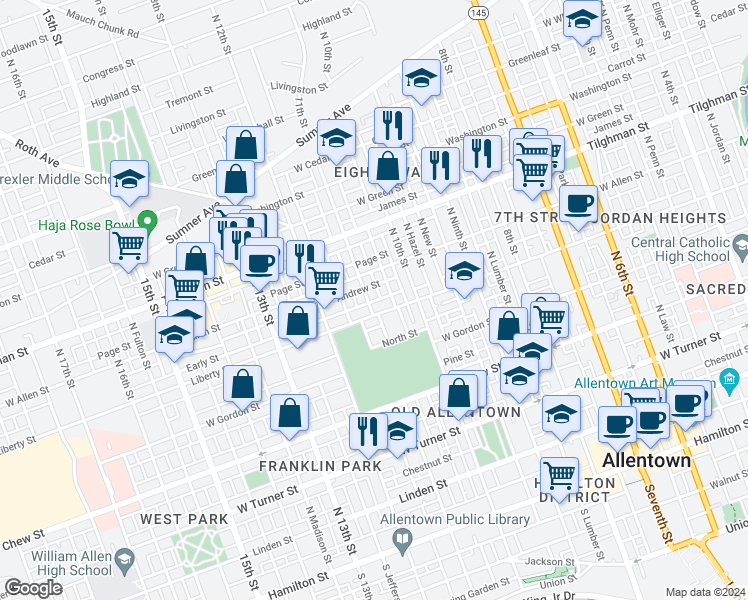 map of restaurants, bars, coffee shops, grocery stores, and more near 530 North Howard Street in Allentown