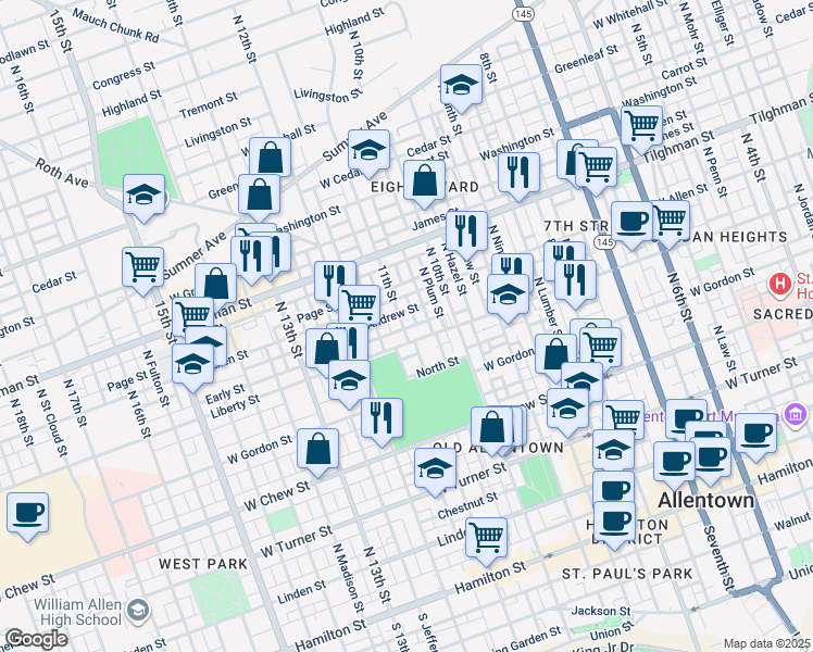 map of restaurants, bars, coffee shops, grocery stores, and more near 513 North 11th Street in Allentown