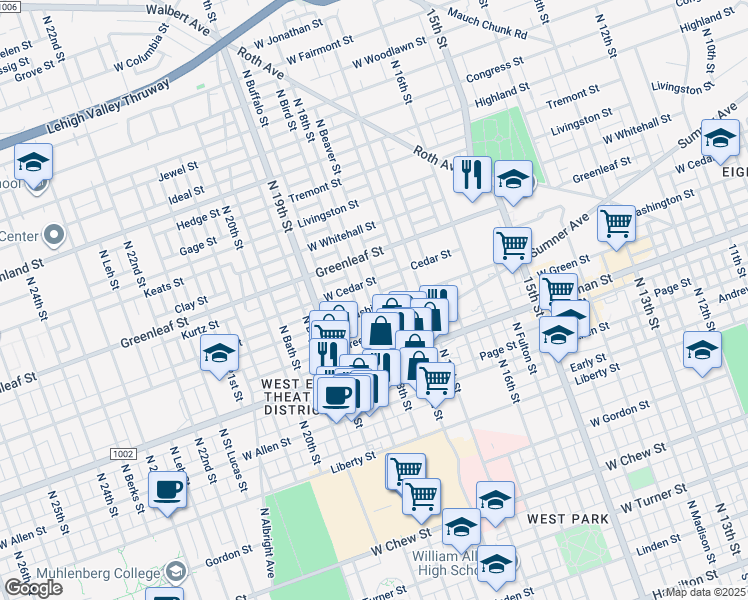 map of restaurants, bars, coffee shops, grocery stores, and more near 821 North 18th Street in Allentown