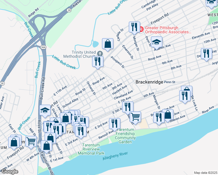 map of restaurants, bars, coffee shops, grocery stores, and more near 806 School Alley in Brackenridge