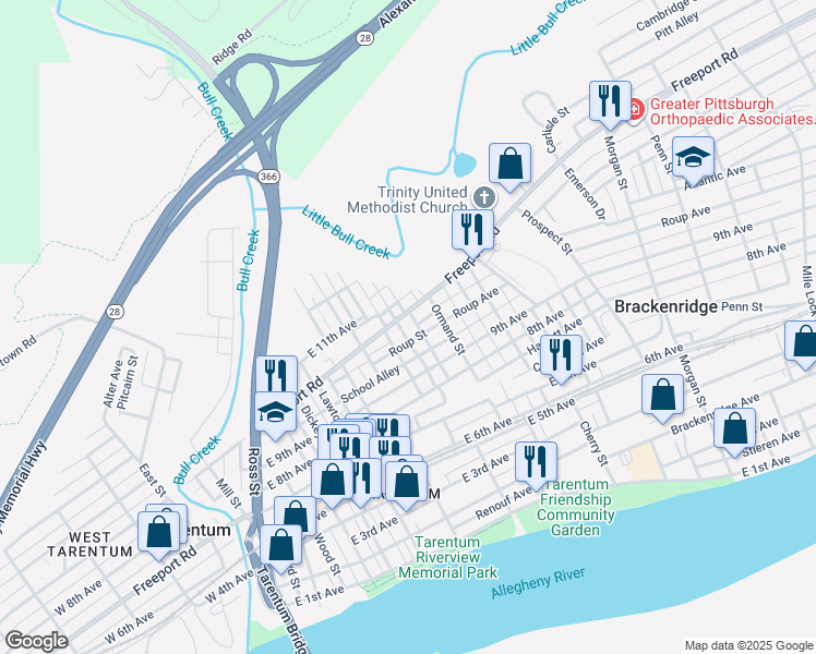 map of restaurants, bars, coffee shops, grocery stores, and more near 1009 Summit Street in Tarentum