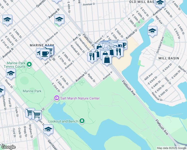 map of restaurants, bars, coffee shops, grocery stores, and more near 2216 Kimball Street in Brooklyn