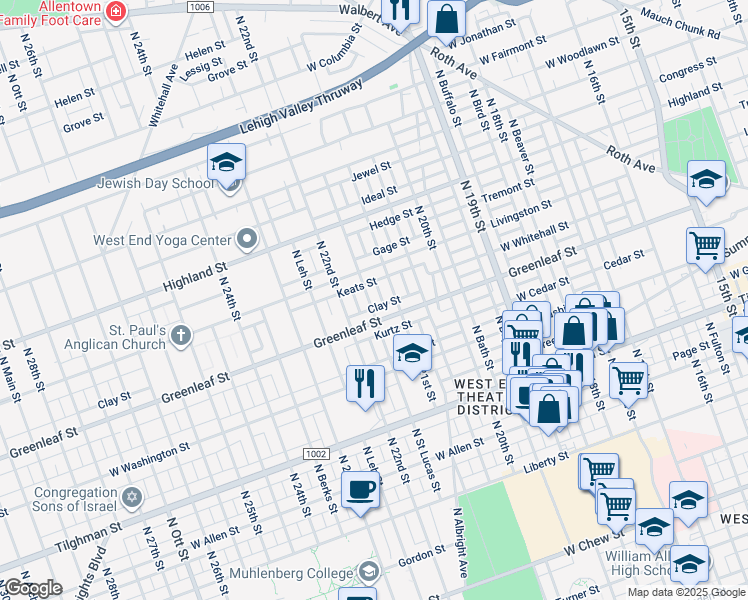 map of restaurants, bars, coffee shops, grocery stores, and more near 917 North Saint Lucas Street in Allentown
