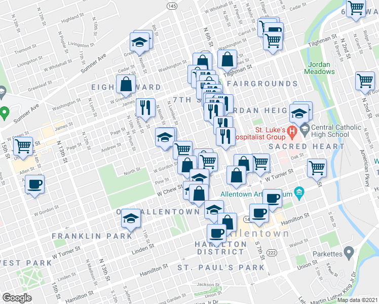 map of restaurants, bars, coffee shops, grocery stores, and more near 430 North Refwal Street in Allentown