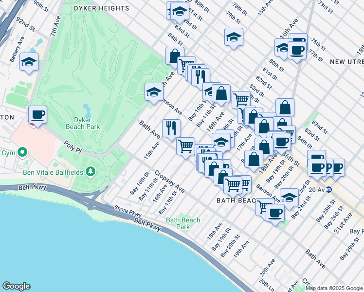 map of restaurants, bars, coffee shops, grocery stores, and more near 141 Bay 10th Street in Brooklyn