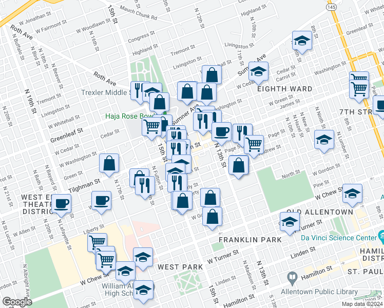 map of restaurants, bars, coffee shops, grocery stores, and more near 1402 Tilghman Street in Allentown