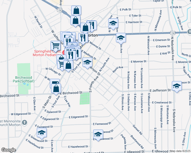 map of restaurants, bars, coffee shops, grocery stores, and more near 302 East Jefferson Street in Morton