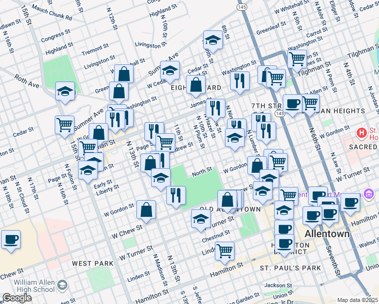 map of restaurants, bars, coffee shops, grocery stores, and more near 513 North 11th Street in Allentown