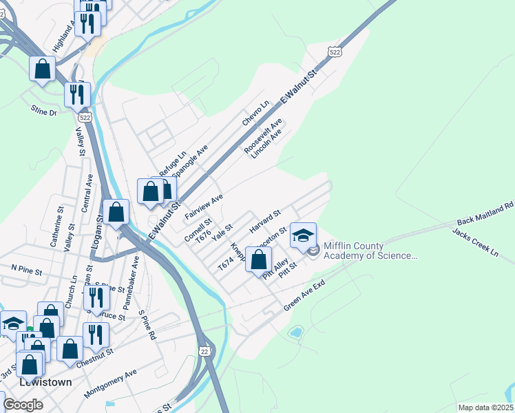 map of restaurants, bars, coffee shops, grocery stores, and more near 202 Belle Vernon Avenue in Lewistown
