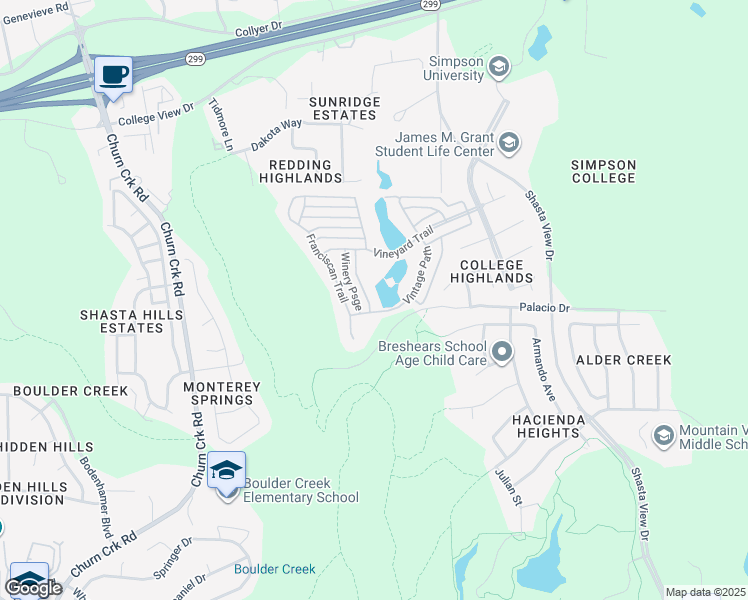 map of restaurants, bars, coffee shops, grocery stores, and more near 1815 Vineyard Trail in Redding