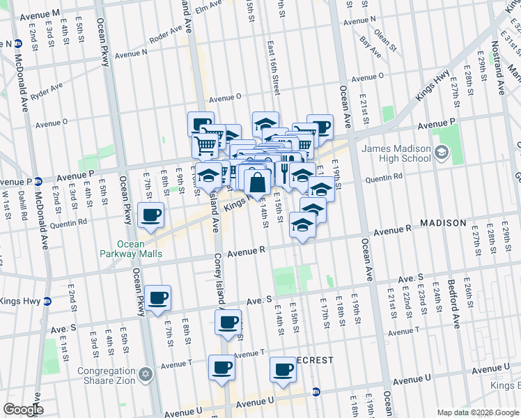 map of restaurants, bars, coffee shops, grocery stores, and more near 1703 East 14th Street in Brooklyn