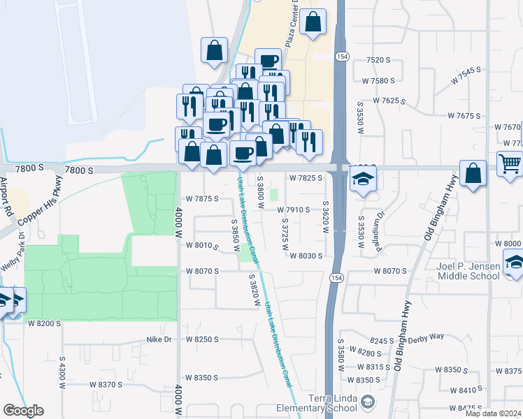 map of restaurants, bars, coffee shops, grocery stores, and more near 5084 West 7910 South in West Jordan