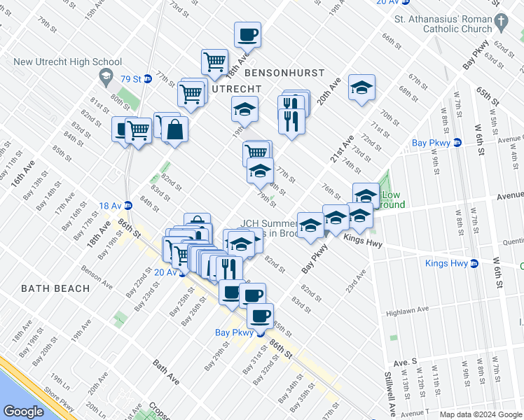 map of restaurants, bars, coffee shops, grocery stores, and more near 2051 80th Street in Brooklyn