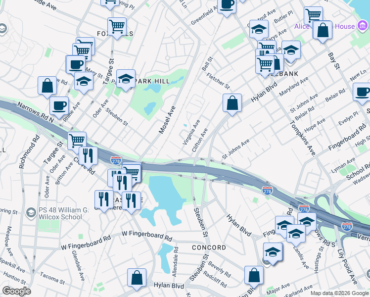 map of restaurants, bars, coffee shops, grocery stores, and more near 35 Rockwell Avenue in Staten Island