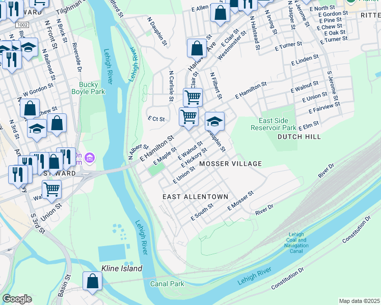 map of restaurants, bars, coffee shops, grocery stores, and more near 266 East Walnut Street in Allentown