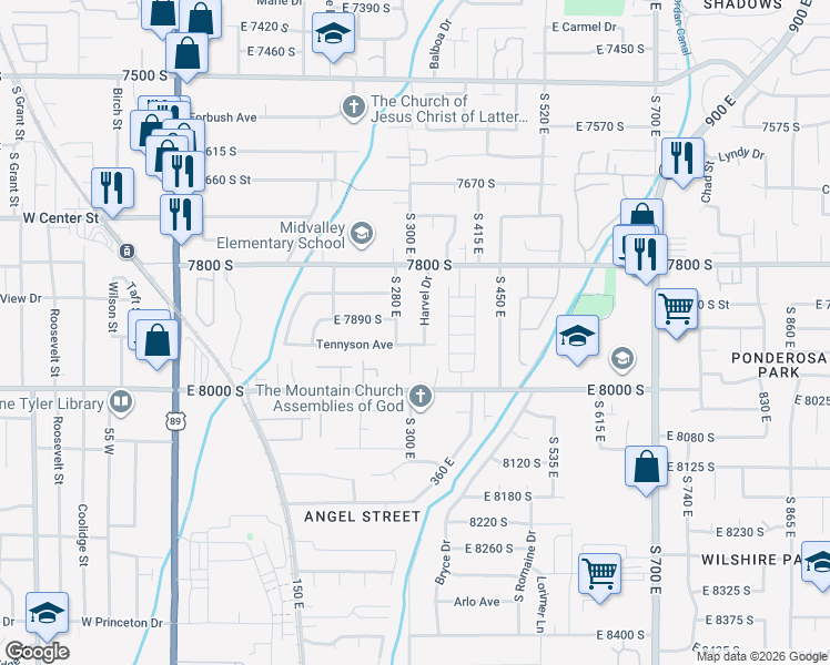map of restaurants, bars, coffee shops, grocery stores, and more near 7914 Harvel Drive in Sandy