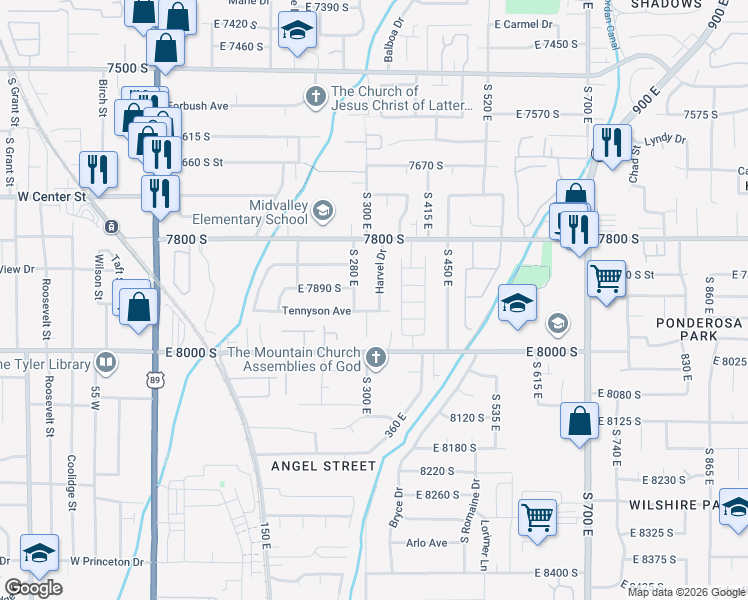 map of restaurants, bars, coffee shops, grocery stores, and more near 7914 Harvel Drive in Sandy
