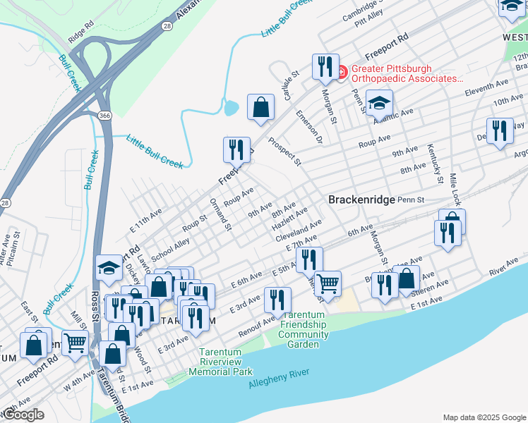 map of restaurants, bars, coffee shops, grocery stores, and more near 804 9th Avenue in Brackenridge