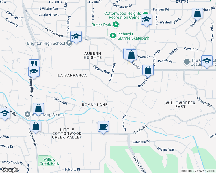 map of restaurants, bars, coffee shops, grocery stores, and more near 2438 East Nantucket Drive in Salt Lake City