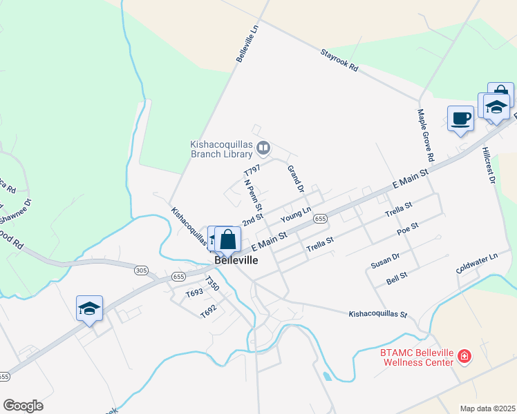 map of restaurants, bars, coffee shops, grocery stores, and more near 52 North Penn Street in Belleville