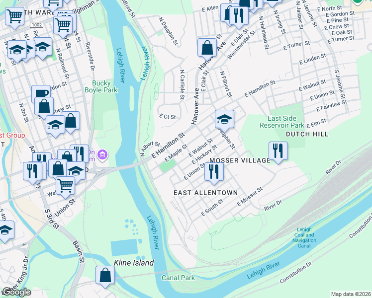 map of restaurants, bars, coffee shops, grocery stores, and more near 228 East Hamilton Street in Allentown