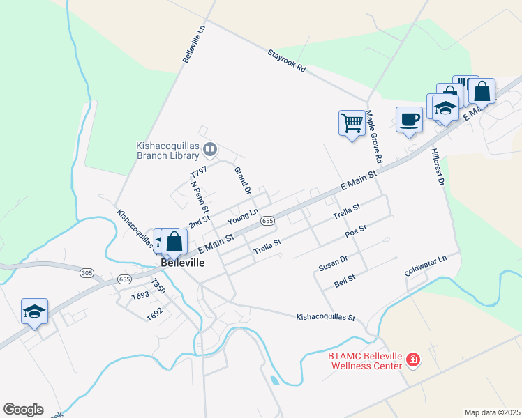 map of restaurants, bars, coffee shops, grocery stores, and more near Young Lane in Belleville