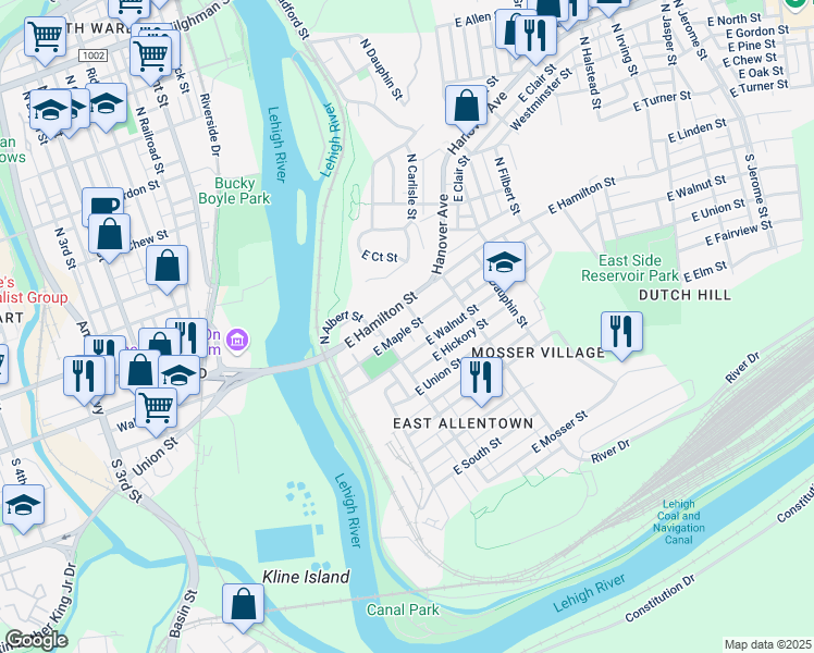 map of restaurants, bars, coffee shops, grocery stores, and more near 225 East Maple Street in Allentown