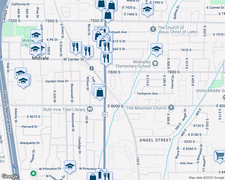 map of restaurants, bars, coffee shops, grocery stores, and more near 46 Autumn Station Way in Midvale
