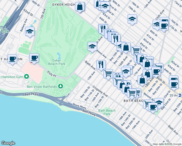 map of restaurants, bars, coffee shops, grocery stores, and more near 196 Bay 8th Street in Brooklyn