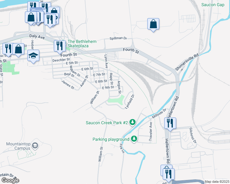 map of restaurants, bars, coffee shops, grocery stores, and more near 906 Argus Street in Bethlehem