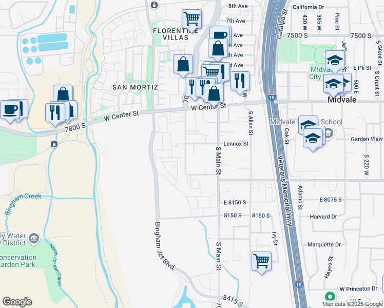 map of restaurants, bars, coffee shops, grocery stores, and more near 787 West Lennox Street in Midvale