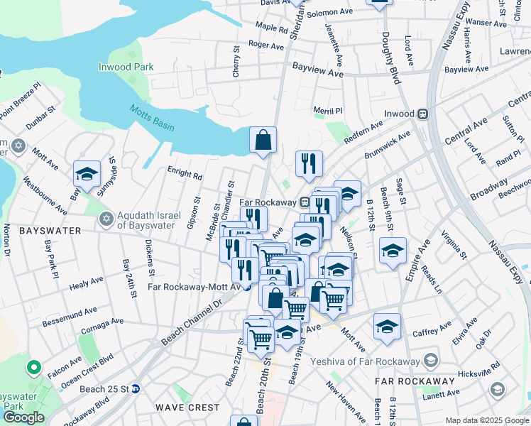 map of restaurants, bars, coffee shops, grocery stores, and more near 21-30 Nameoke Avenue in Queens