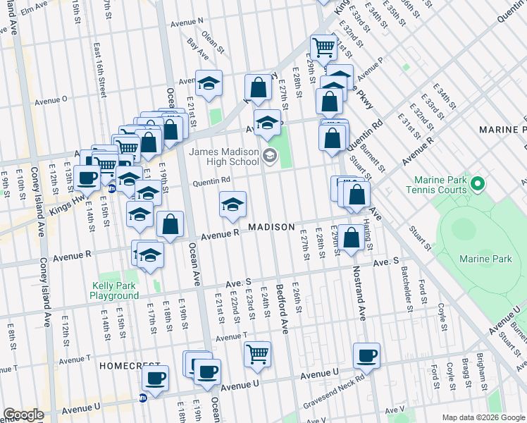 map of restaurants, bars, coffee shops, grocery stores, and more near 3854 Bedford Avenue in Brooklyn