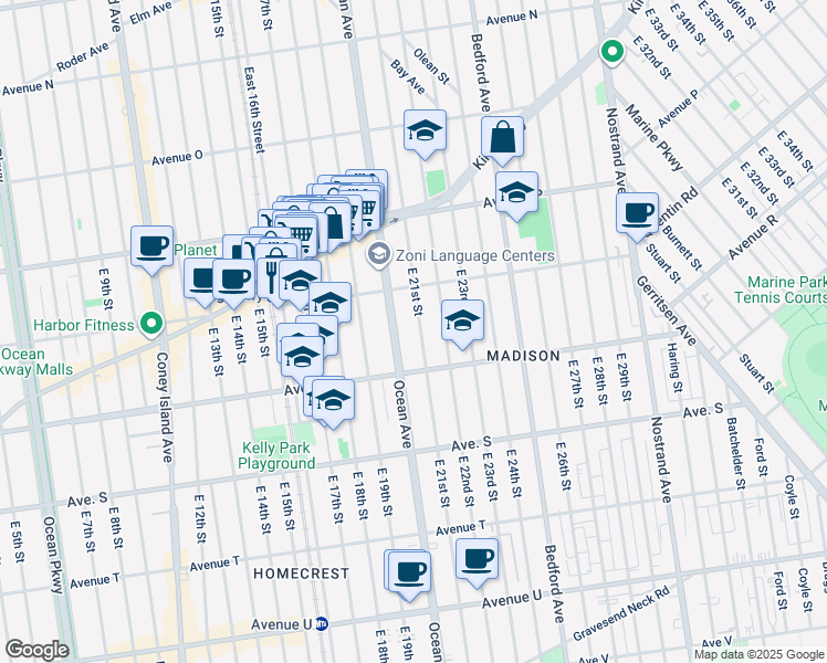 map of restaurants, bars, coffee shops, grocery stores, and more near 1782 East 22nd Street in Brooklyn