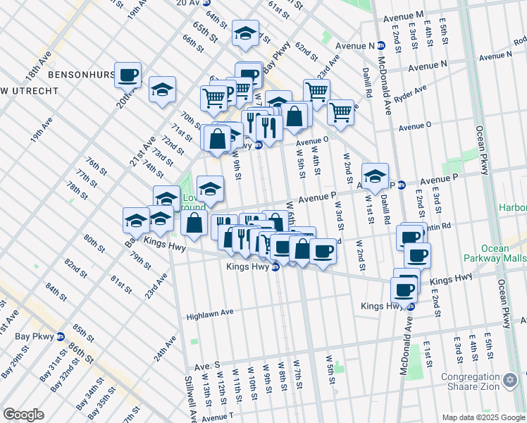 map of restaurants, bars, coffee shops, grocery stores, and more near 177 Avenue P in Brooklyn