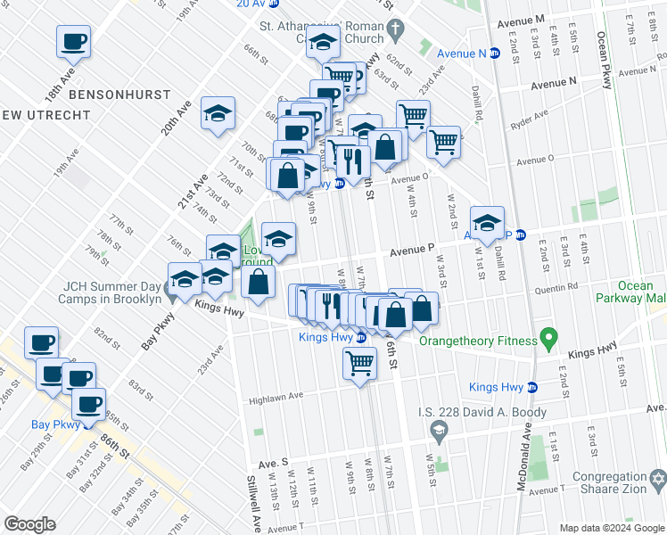 map of restaurants, bars, coffee shops, grocery stores, and more near 177 Avenue P in Brooklyn