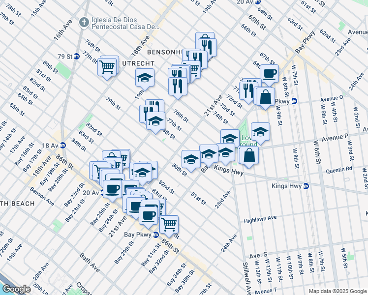 map of restaurants, bars, coffee shops, grocery stores, and more near 2110 77th Street in Brooklyn