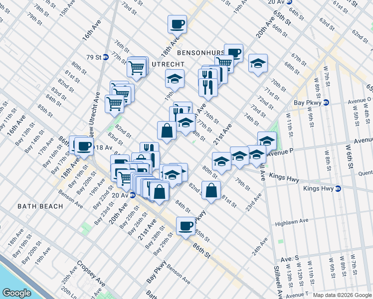 map of restaurants, bars, coffee shops, grocery stores, and more near 2028 79th Street in Brooklyn