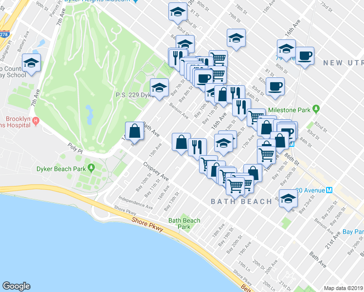 map of restaurants, bars, coffee shops, grocery stores, and more near 141 Bay 10th Street in Brooklyn