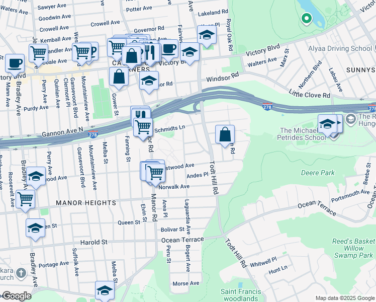 map of restaurants, bars, coffee shops, grocery stores, and more near 28 Waldo Place in Staten Island
