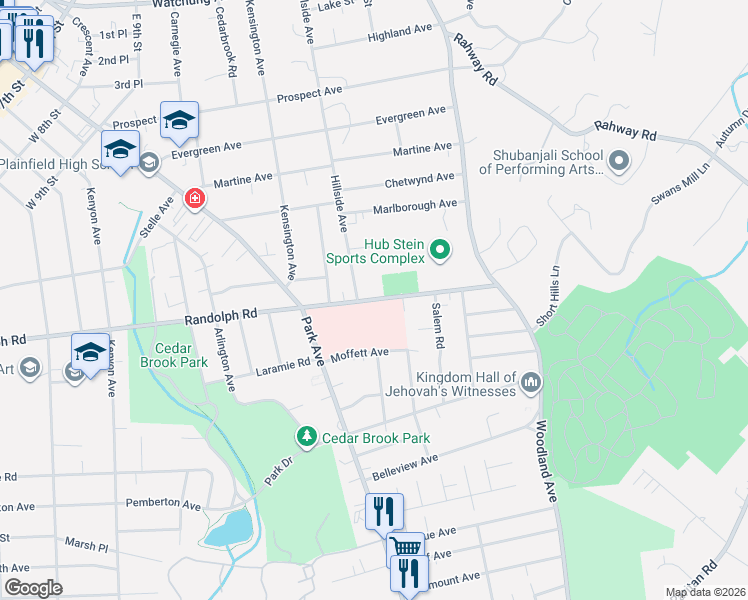 map of restaurants, bars, coffee shops, grocery stores, and more near 1175 Hillside Avenue in Plainfield