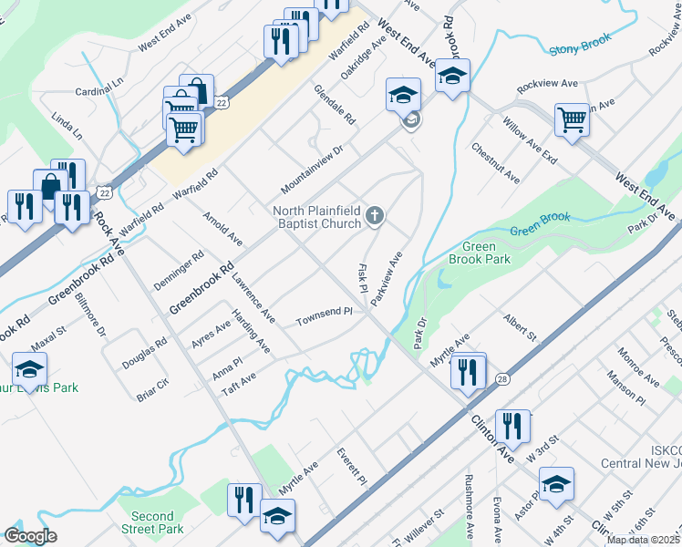 map of restaurants, bars, coffee shops, grocery stores, and more near 184 Clinton Avenue in North Plainfield
