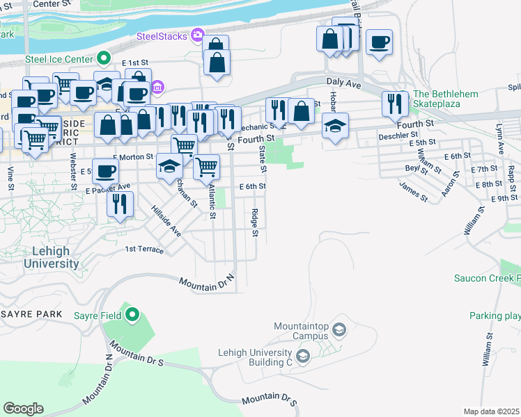 map of restaurants, bars, coffee shops, grocery stores, and more near 619 Ridge Street in Bethlehem