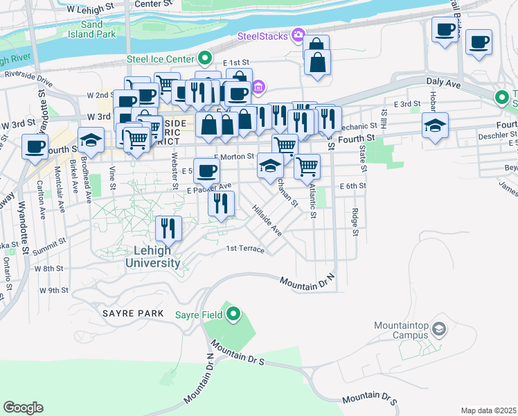 map of restaurants, bars, coffee shops, grocery stores, and more near 567 Hillside Avenue in Bethlehem