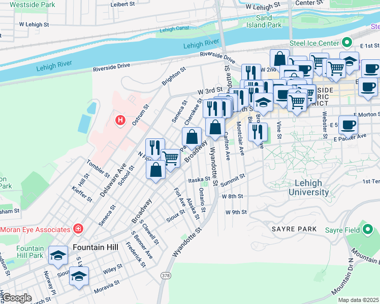 map of restaurants, bars, coffee shops, grocery stores, and more near 613 Pawnee Street in Bethlehem