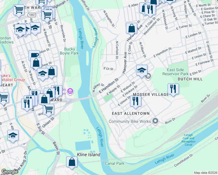 map of restaurants, bars, coffee shops, grocery stores, and more near in Allentown