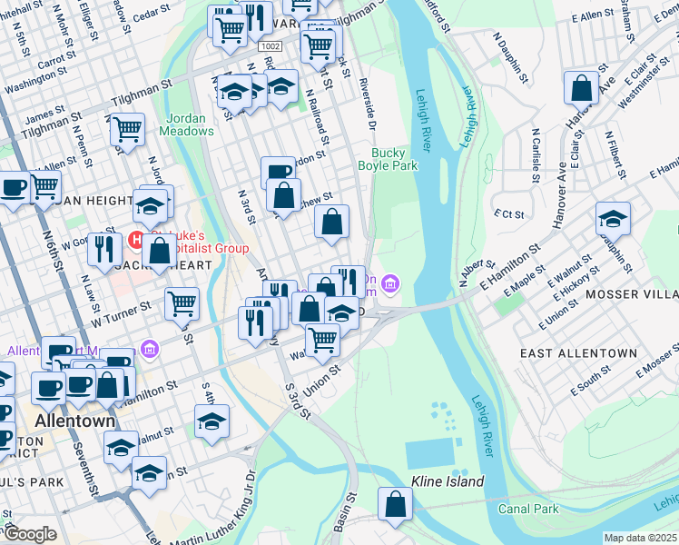 map of restaurants, bars, coffee shops, grocery stores, and more near 122 Ridge Avenue in Allentown