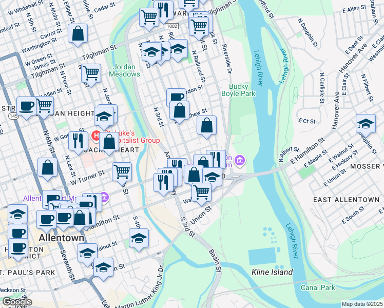 map of restaurants, bars, coffee shops, grocery stores, and more near 137 North 2nd Street in Allentown