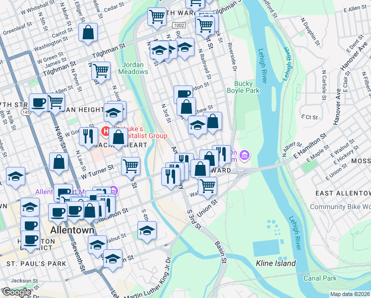map of restaurants, bars, coffee shops, grocery stores, and more near 224 West Turner Street in Allentown