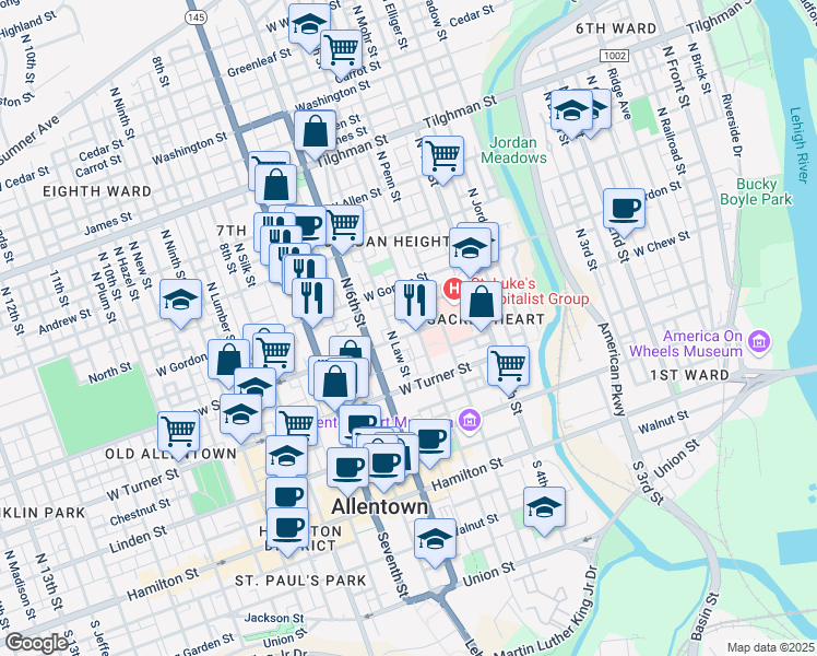 map of restaurants, bars, coffee shops, grocery stores, and more near 323 North Law Street in Allentown